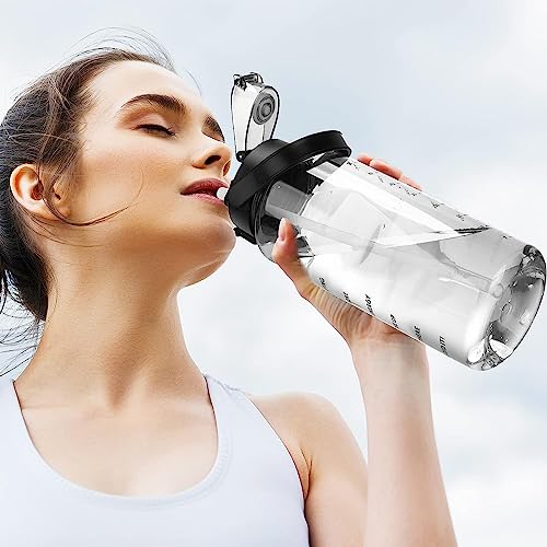 Image of 2.6 Liters Large Water Bottle With Straw & Handle, Sport Canteen Bottle With Time Marking, Leakproof Gym Water Bottle For Women & Men - Multicolor - Plastic (Black)