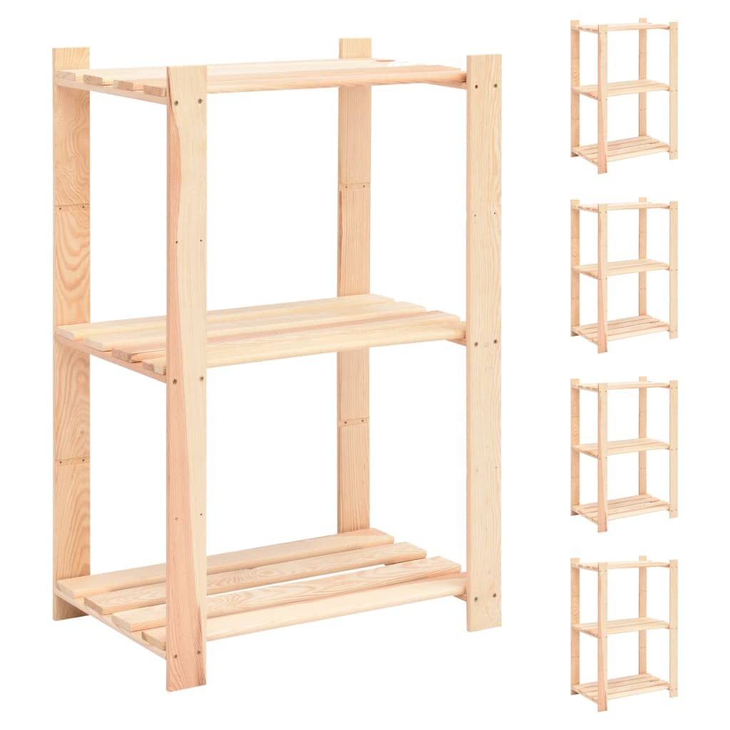 Set di 5 scaffali in legno di pino per carichi pesanti, 3 ripiani | Scaffale versatile in legno di conifera per cucina, cantina, garage, officina e camera da letto. Portata fino a 150 kg per