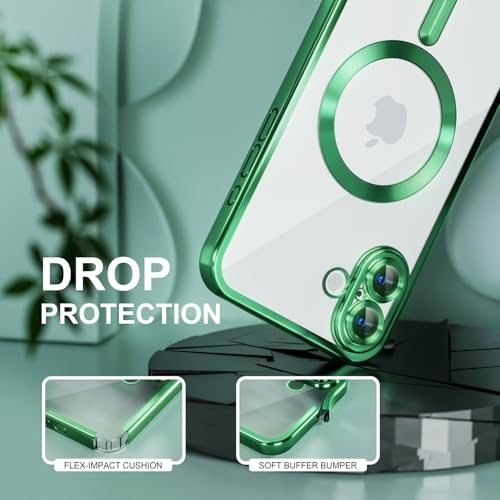 Image of Misea Magnetic for iPhone 16 Case Compatible with MagSafe Green | [Never Yellowing] [Military Drop Protection] Full Camera Lens Protector Plating Soft Clear Phone Case for Women, Green