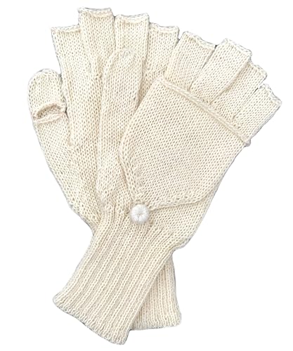 QoriQinti Winter Convertible Fingerless Gloves Mittens for Women. Warm Stretchy Capped Gloves Knitted in Alpaca Wool. (Beige)