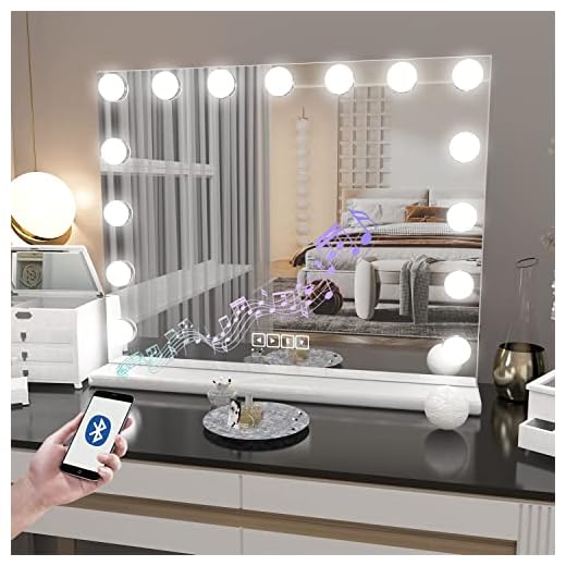 NEUWEABY Vanity Mirror with Lights, Hollywood Makeup Mirror with Bluetooth Speaker, Large Vanity Lighted Mirror with 15 Dimming LED Bulbs, 3 Color Modes USB Port, Tabletop or Wall-Mounted