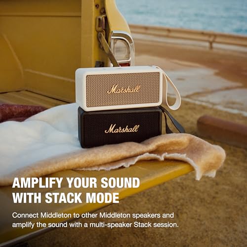 Image of Marshall Middleton Portable Bluetooth Speaker - Rugged Waterproof /Dust-proof Design | Loud Stereo Sound, Deep Bass | Compact and Wireless for Travel and Outdoors - Black and Brass