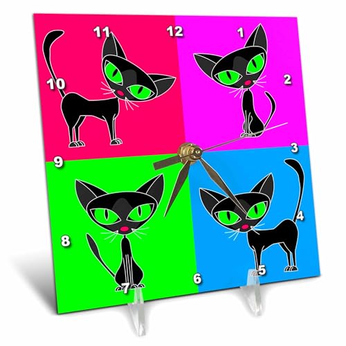 3dRose dc_6304_1 Desk Clock, Black Cat Four Attitudes Design, 6 by 6-Inch