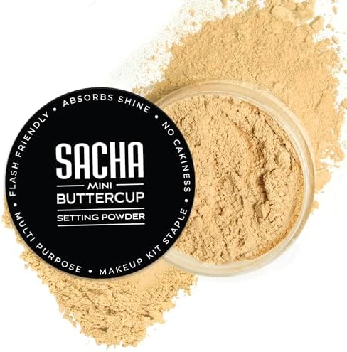 Sacha BUTTERCUP Mini Setting Powder. No Ashy Flashback. Blurs Fine Lines and Pores. Loose, Translucent Face Powder to Set Makeup Foundation or Concealer. For Medium to Dark Skin Tones, 0.35 oz.
