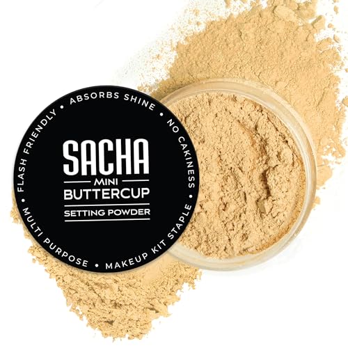 Sacha BUTTERCUP Mini Setting Powder. No Ashy Flashback. Blurs Fine Lines and Pores. Loose, Translucent Face Powder to Set Makeup Foundation or Concealer. For Medium to Dark Skin Tones, 0.35 oz.