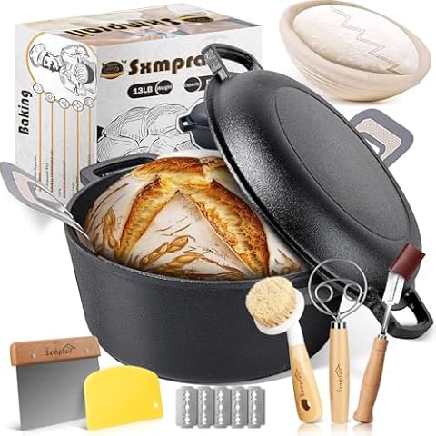 Cast Iron Dutch Oven for Sourdough Bread Baking, Pre-Seasoned 5QT Dutch Oven Pot with Lid for Bread Baking, Include Proofing Basket, Silicone Sling&Dough Whisk, Dutch oven for Bread Baking Bread Oven Cover