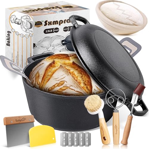 Cast Iron Dutch Oven for Sourdough Bread Baking, Pre-Seasoned 5QT Dutch Oven Pot with Lid for Bread Baking, Include Proofing Basket, Silicone Sling&Dough Whisk, Dutch oven for Bread Baking Bread Oven
