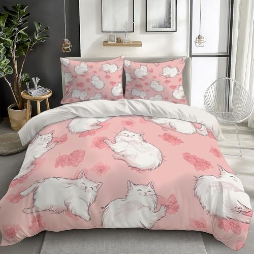 Duvet Cover King Size Cartoon Pink Animal Cat Reversible 3 Pieces Duvet Cover Set, Bedding Set for All Season, Soft and Breathable Bedding Set with Zipper Closure