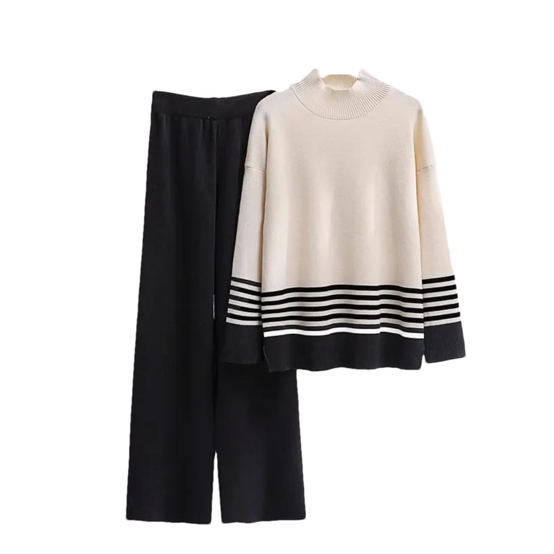 Donne A Righe Maglia Pullover 2 Pezzi Set Mezza Collo Alto Maglione Top Abiti A Vita Alta Larghi Gamba Larga Pantaloni Della Tuta Ensemble, Nero , XL