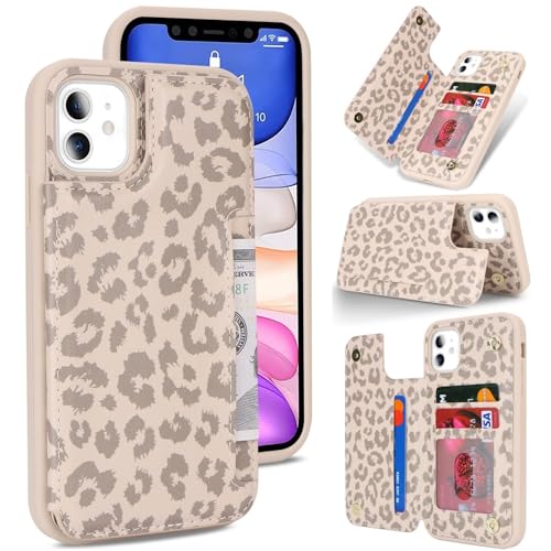 iCoverCase Compatible with iPhone 11 Case with Card Holder Wallet Phone Case for Women Men RFID Blocking PU Leather Protective Case 6.1 Inch (Beige Leopard)