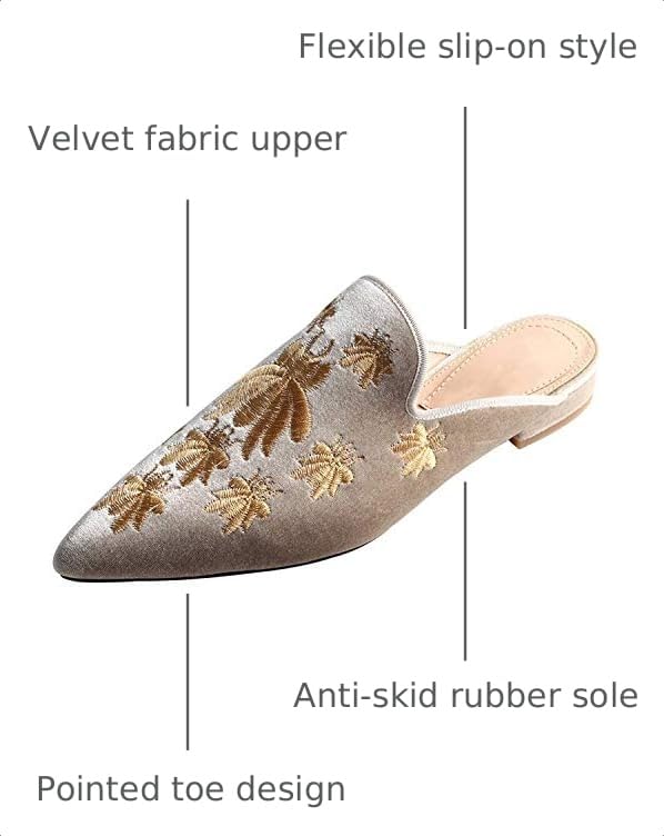 Image of Fericzot Women's Velvet Backless Pointed Toe Slip On Loafers Flats Embroidery Mule Slippers Shoes