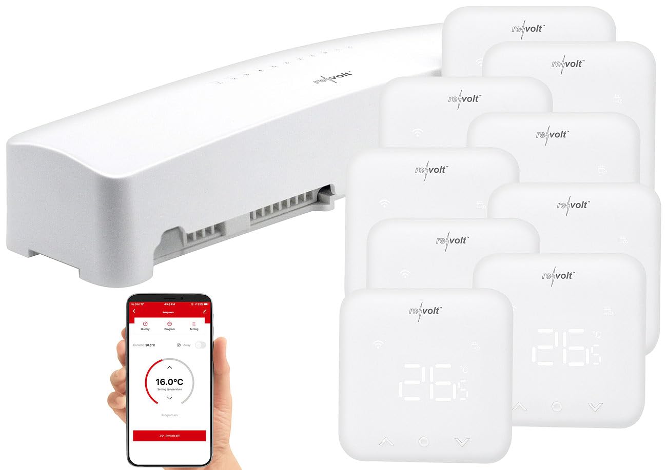 revolt Raumthermostate Digital: WLAN-Fußbodenheizungs-Controller-Steuerung mit 8 Thermostaten und App (Fußbodenheizung Thermostat Aufputz, Steuerung Set, Pumpe)