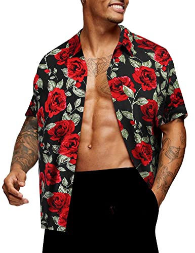 COOFANDY Men's Flower Casual Shirts Hawaiian Vacation Aloha Button Down Shirt Black Rose