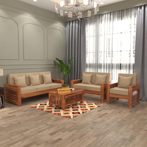 Image of Sheesham Wooden 6 Seater Sofa for Living Room | Rosewood 6 Seater Cushion Sofa with Side Teapoy for Home & Office | Solid Wood Sofa Set for Lounge (Honey,Grey,3+2+1 Seater)