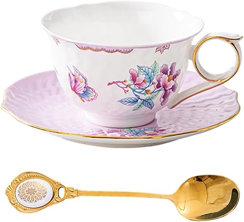 Juego de taza de té y platillo, taza de té vintage de mariposa floral con borde dorado, taza de té de porcelana de hueso con platillo y cuchara,