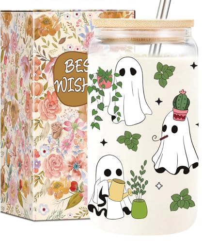 JYPLKCMT Halloween Plant Ghost Cup, Cute Halloween Mug Gifts Basket for Plant Lovers, 16 oz Iced Coffee Tumbler with Lid and Straw, Boo Basket Stuffers for Women Adults Teens, Fall Gifts for Women.