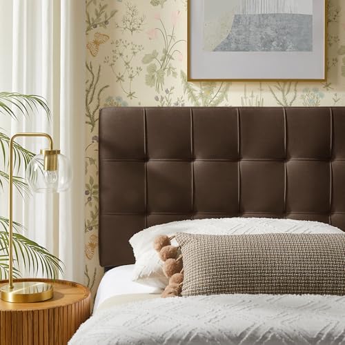 Image of Modway Lily Twin Size Stain-Resistant Performance Velvet Headboard in Chocolate Brown - Velvet Upholstery with Button Tufting and 4 Adjustable Height Positions