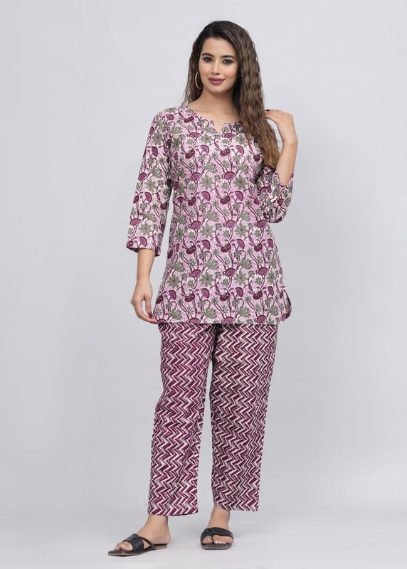 Image of 100% Cotton Printed Night Suit for Women's Shirt and Pyjama Sleep wear Set for Womens and Girls