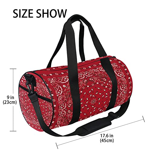 Red Bandana Print Traditional Asian Elements Paisley Floral Flowers Duffel Bag, Foldable Canvas Travel Tote for Gym Sports with Inner Pockets, Durable Lightweight Fitness Bag for Overnight Workout4