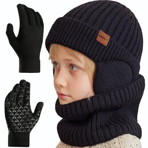 Image of Kids Winter Beanie Hat Scarf Gloves Set 4-10Y, Knit Hat With Earmuffs Neck Gaiter Fleece Lined Touchscreen Gloves Boys Girls