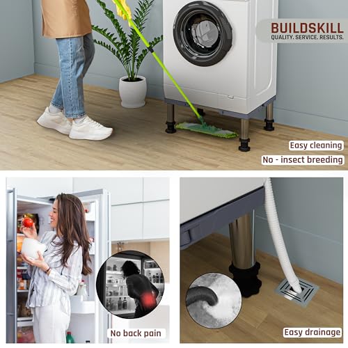 Image of BUILDSKILL 350kg Load Capacity Washing Machine Stand Adjustable | Spirit Level | Anti-Vibration Mats | Dual SS Tubes | Legs with Rubber Pads | Without Wheels Height Stand for Washing Machine (Grey)