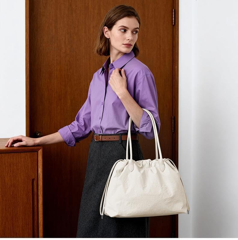 Nylon Tote Bag for Women - Hobo Shoulder Bag Lightweight Tote Handbag with Drawstring for Work Travel Shopping - Image 3