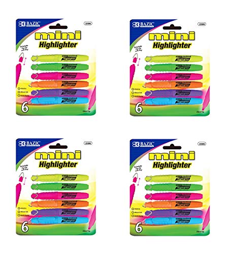 Bazic - Mini Highlighter with Cap Clip, 6 Different Colors per Pack, Sold as 4 Pack