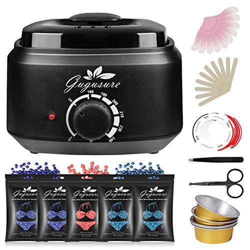 Waxing Kit, Gugusure Wax Warmer Hair Removal with 20 Wax Applicators,5 Wax Melting Bowls,1 Nose scissors and tweezersï¼Œ5 Strongest Wax Beads Formulas for ALL Hair Types, Eyebrow, Facial, Body, Bikini