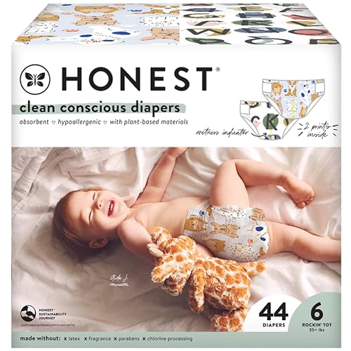 The Honest Company Comfort Dry Disposable Diapers Plant-Based Sustainable All Letters and It's a Pawty Club Box Size 6 35and lbs 44 Count