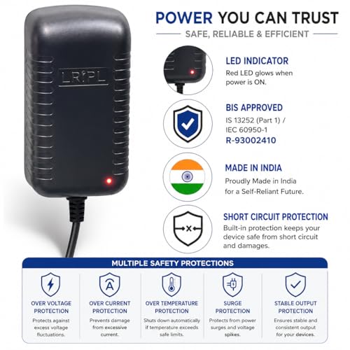 Image of LRIPL 12V 1Amp Power Adapter with 2.5mm Pin 1 Meter Cable | Heavy Duty SMPS Converter Supply for Router, CCTV, DVR, NVR, Set Top Box & LCD Monitor & Electronic Devices - BIS Certified