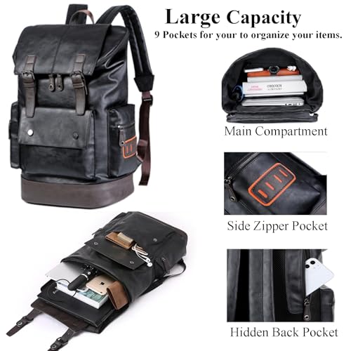 Image of CHAO RAN Vintage Leather Laptop Backpack For Men, Men Black Leather Backpack