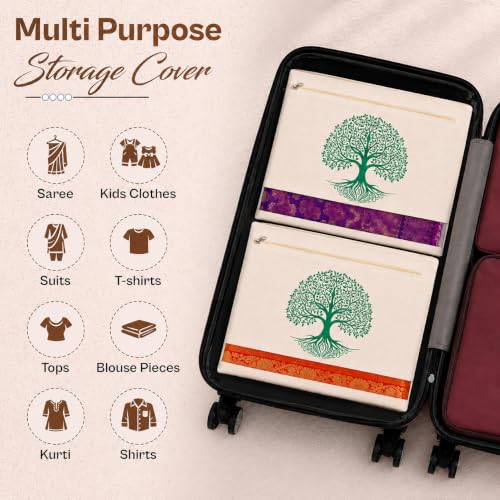 Image of JD Fresh 6 Pcs Cotton Saree Bags /Tree Printed Cover for Storage /Transparent Mesh Window & Zip Closure for Clothes Bags /Wardrobe Organizer for Saree, Kurtis & Blouses (16 x 14 Inches, Off White)