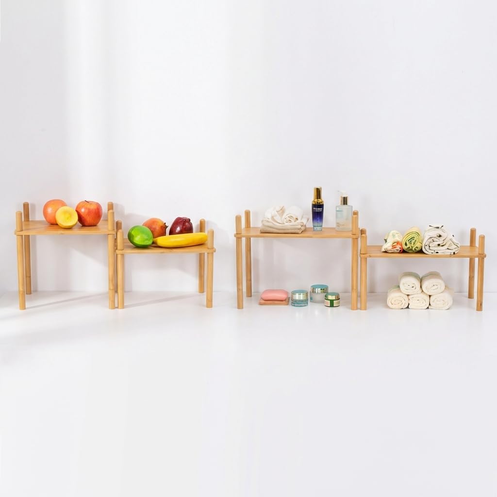 Bamboo Cabinet Organizer Set (2) - Counter Shelf Organizer & Bamboo Organizer Bins Fit, Expandable Cabinet Shelf Organizer for Kitchen Counter/Bathroom - Useful Home & Housewarming Gift(Medium)