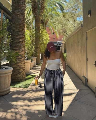 TIYOMI Plus Size Wide Leg Pants for Women 3X Stripe Elastic High Waisted Drawstring Summer Hawaiian Pants Navy Blue Trousers with Pockets Beach Outfits for Women 3XL 22W 24W2