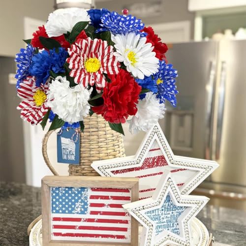 Image of 20 Stems Red White and Blue Flowers Artificial 13 inch Mixed Patriotic Dasiy Flower Silk Bouquet for Memorial 4th of July Independence Day Centerpiece Table Home Decor Cemetery Grave Decor(No Vase)