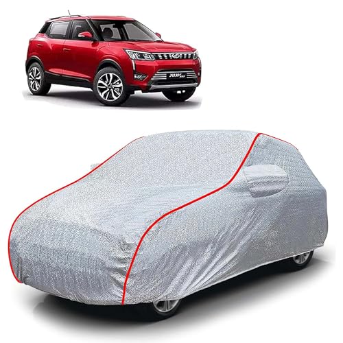 Image of Sulfar 100% Waterproof Car Body Cover Compatible with Mirror for Mahindra XUV 300 (Triple Stitched, Full Bottom Elastic, Magic Silver with Red Piping)