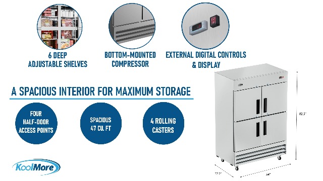 Image of KoolMore RIR-2D-SSHD Commercial Stainless-Steel Reach-in Refrigerator with Half Door Access for Restaurant, Cafe, and Cold Food Storage, Large 47 Cu. Ft. Capacity, Heavy Duty Kitchen Use, 4, Silver