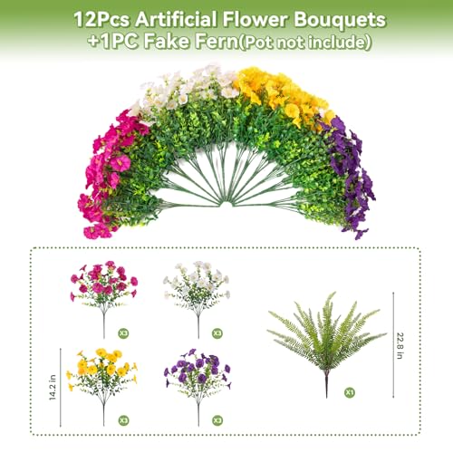 Image of Artificial Flowers Fake Plants for Outdoors Decoration, 12 Bundles Silk Morning Glory with Boston Fern Realistic UV Resistant Faux Flowers for Outside Planter Yard Patio Garden Home Indoor Urn