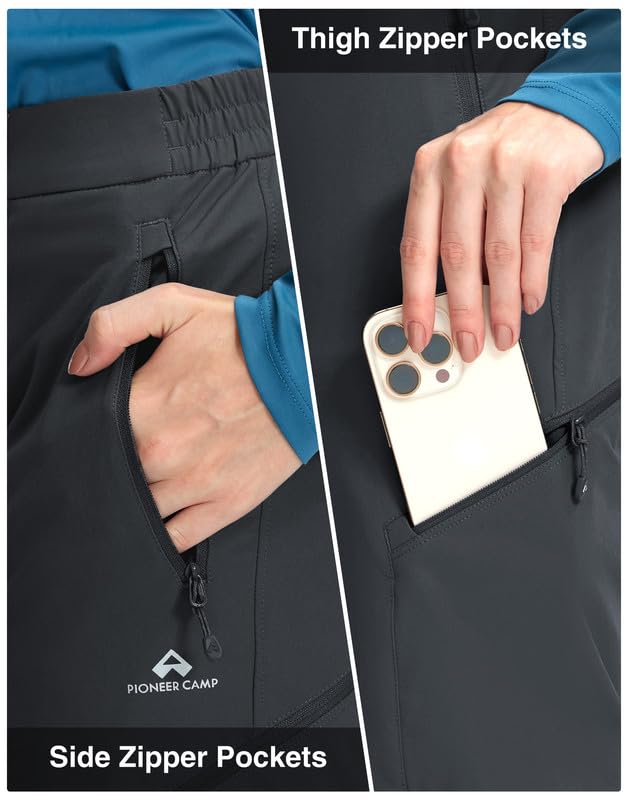 Pioneer Camp Funktionshose Damen Wasserdicht Outdoorhose Atmungsaktiv Elastische Bund Trekkinghose mit 4 Taschen Wanderhose Kurzgröße für Outdoor Wandern Trekking(Black;L