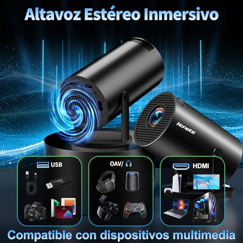 Mini proyector 4K con corrección trapezoidal, giro de 270 grados y conexión USB 3