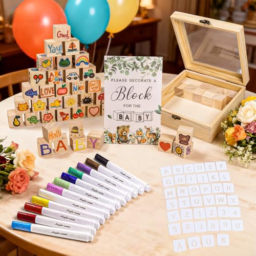 102 Stück Babyparty Spiele Set – Lustige Baby Shower & Gender Reveal Spiele für Gäste, mit 48 Holzwürfeln zum Bemalen, 40 Schablonen, 12 Acrylstiften, Holzschild & Holzbox –Geschenk für werdende Mama