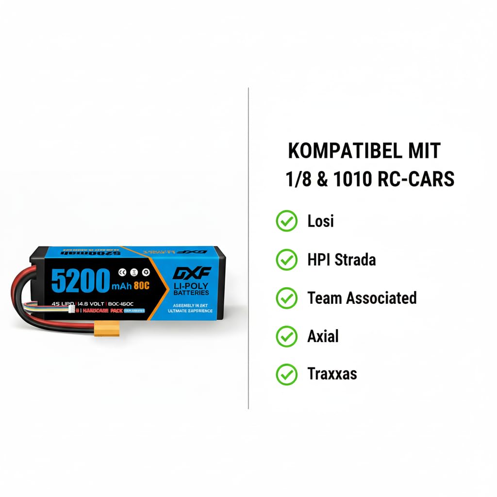 DXF Batteria LiPo 4S 14.8V 5200mAh 80C Spina XT90 Auto RC 1/8 1/10 Truck Buggy Touring Car Compatta Leggera Potente Affidabile Gare Racing Modellismo 1 Pezzo