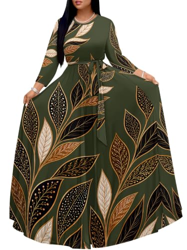 Image of Women Plus Size Long Sleeve V Neck Maxi Dress with Belt | Soft fabric relaxed fit three quarter sleeve v neck with pockets for party and daily wear