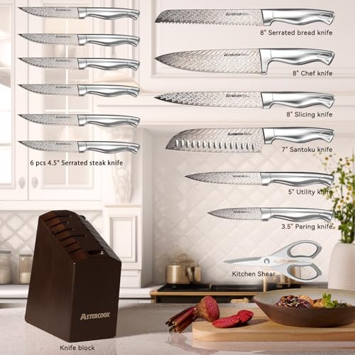 Knife Set, Astercook 15 Pcs Knife Sets for Kitchen with Block, Dishwasher Safe Kitchen Knife Set with Built-in Sharpener, German Stainless Steel Knife Block Set, Deba Knife for Fish Ergonomic Handle - Image 3
