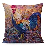 Wozukia Farm Roosters Pillow Cover,Decorative Throw Pillow Ink Oil Watercolor Bright Colorful Painting a Farm Rooster Pillow Cases Cotton Linen Square Cushion Cover for Home Sofa Couch 18x18 inch