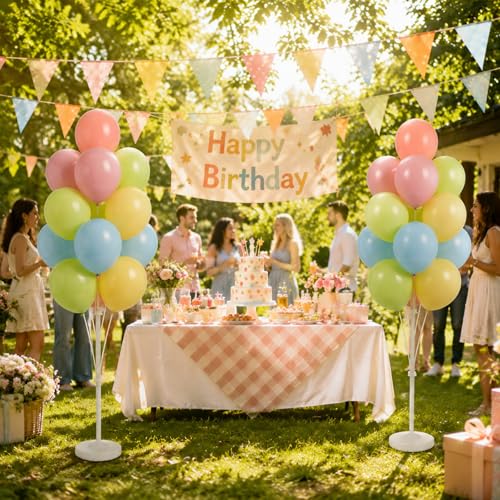 Image of Balloon Column Kit Set of 2,Anti-Tip Sand-Fill Base Balloon Tower Stand with 10 inch 26pc Classic Retro Colorb Balloons for Easter Birthday Wedding Bridal Party Decorations