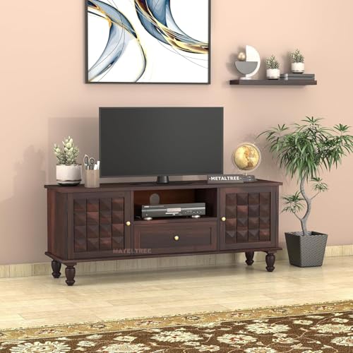 Image of Sheesham Wooden TV Unit for Living Room 55+ Inch Furniture - WoodenTV Unit with Drawer Shelves & 2 Door Wooden TV Cabinet for Living Room - Fits up to 55-Inch TV (James, Walnut Finish)