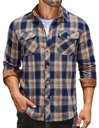 COOFANDY Men's Fall Plaid Button Down Shirt Long Sleeve Casual Cowboy Work Shirts Lightweight Flannel Shirts Two Pocket