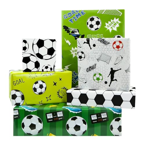 Papier d'emballage cadeau de football de sport, 6 feuilles pliées de papier d'emballage d'anniversaire de ballon de football 20 x 28 pouces pour garçon,...