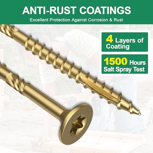 Image of #8 x 2-1 /2 inch Deck Screws, 500Pcs Star Drive Wood Screws, Rust Resistant Timber Screws for Timber /Log /Landscaping Wood, T20 Star Bit Included, Gold